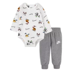 Baby Boy Nike White Allover Print Nikemoji Bodysuit & Gray Jogger Pants Set