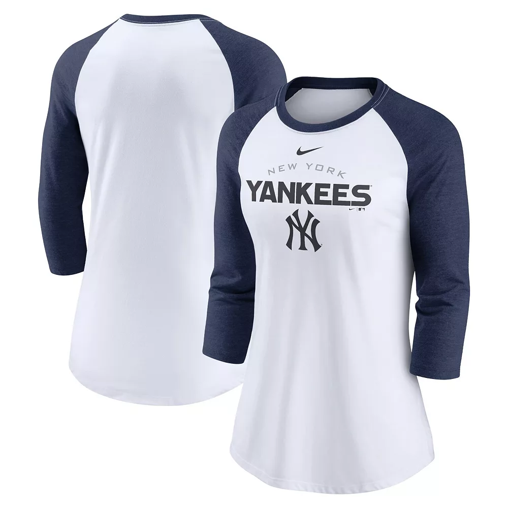 Women's Nike White/Navy New York Yankees Modern Baseball Arch Tri-Blend Raglan Three-Quarter Sleeve T-Shirt - Image 2