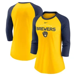 Women's Nike Gold/Navy Milwaukee Brewers Modern Baseball Arch Tri-Blend Raglan Three-Quarter Sleeve T-Shirt
