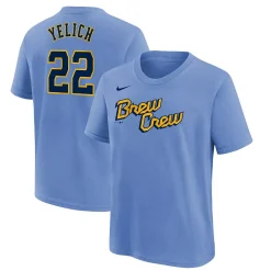 Youth Nike Christian Yelich Powder Blue Milwaukee Brewers 2022 City Connect Name & Number T-Shirt