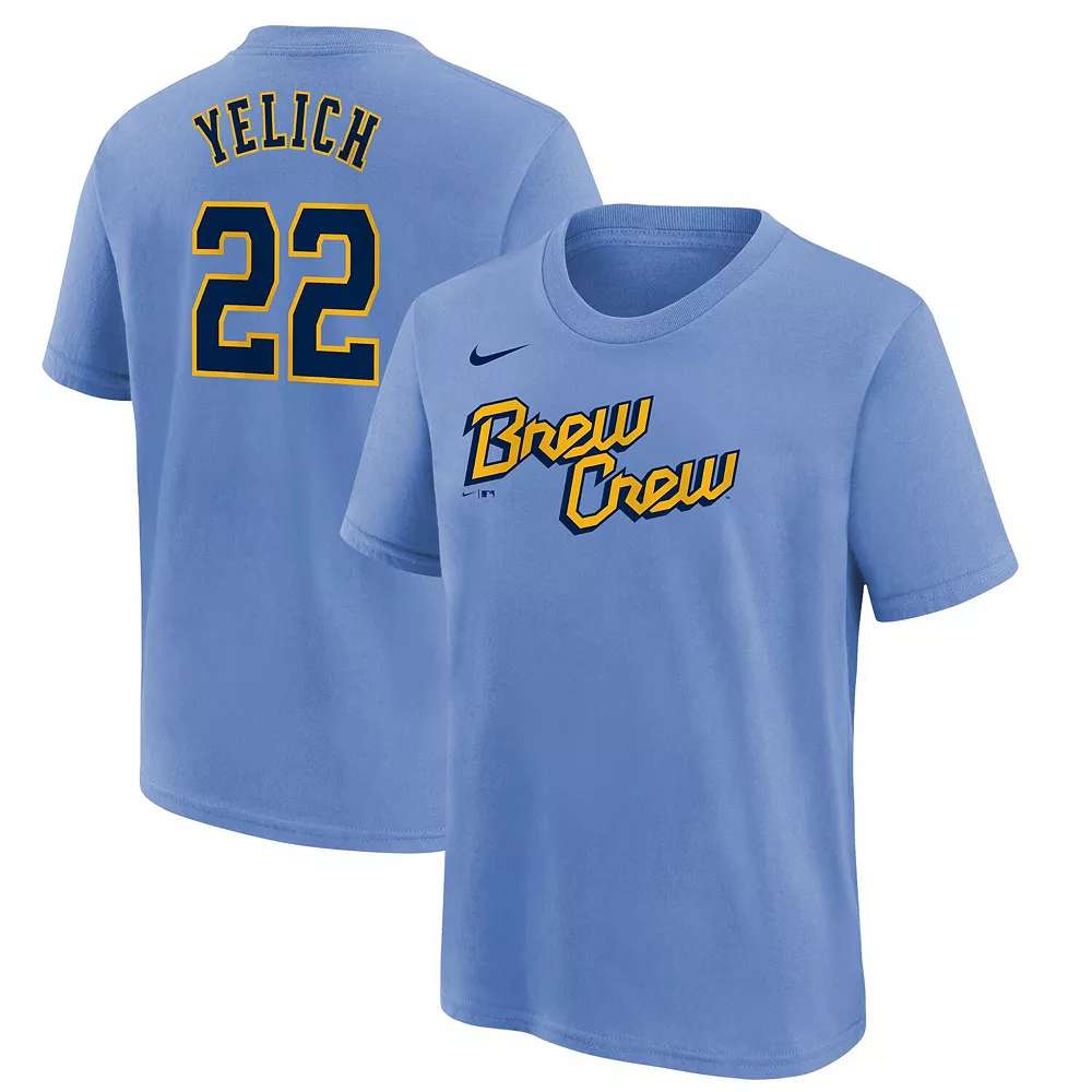 Youth Nike Christian Yelich Powder Blue Milwaukee Brewers 2022 City Connect Name & Number T-Shirt