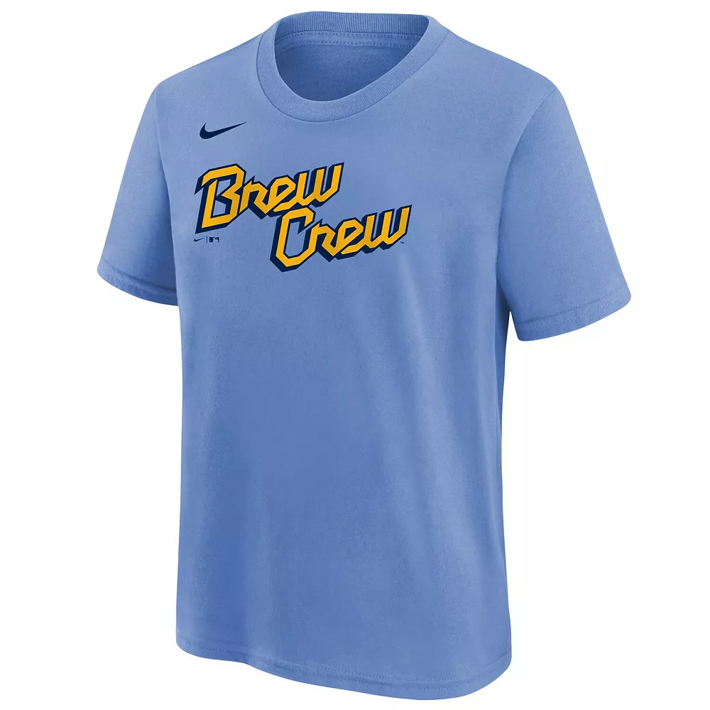 Youth Nike Christian Yelich Powder Blue Milwaukee Brewers 2022 City Connect Name & Number T-Shirt - Image 2