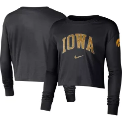 Women's Nike Black Iowa Hawkeyes 2-Hit Cropped Long Sleeve Logo T-Shirt